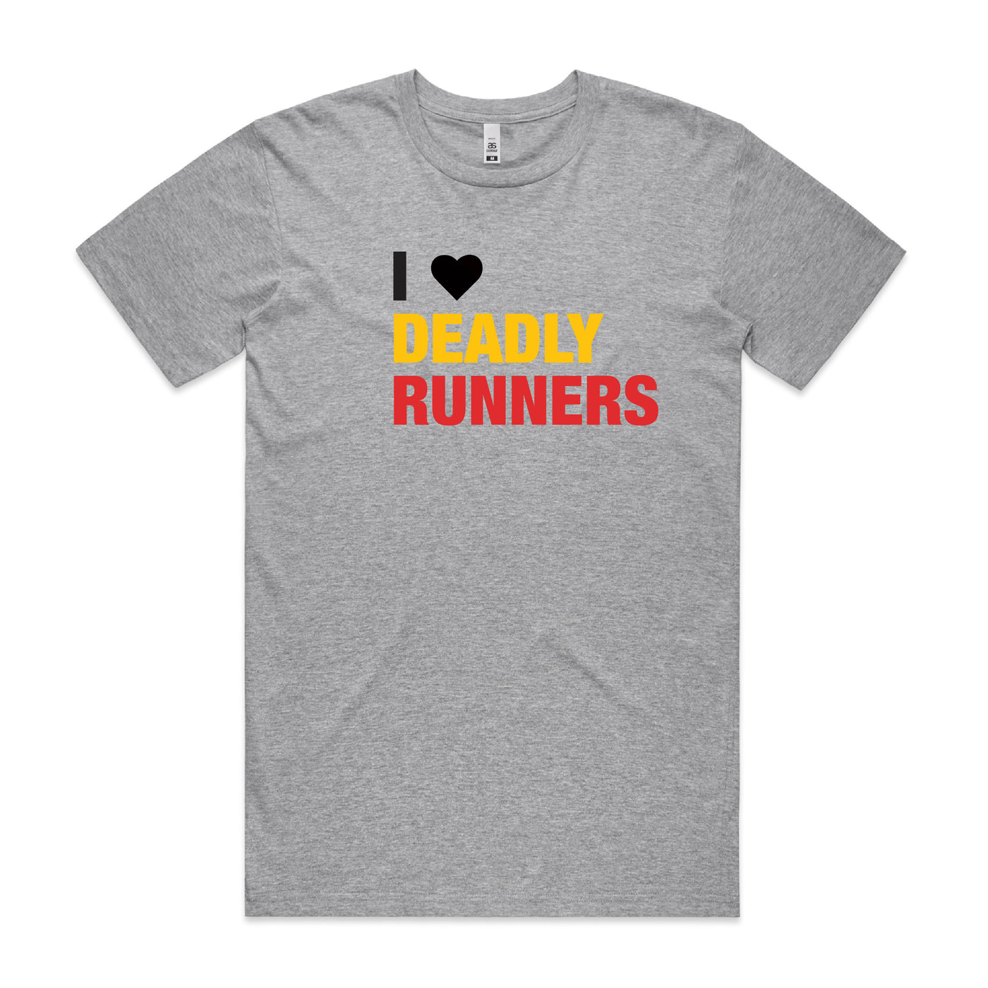 Front view unisex grey tee with I heart Deadly Runners design