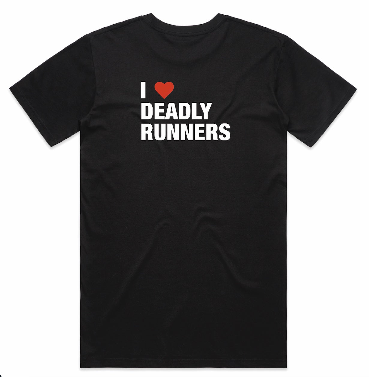 Front view unisex black tee with I heart Deadly Runners design